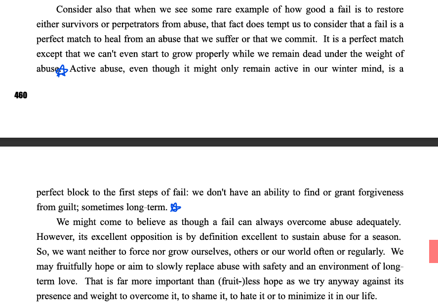 A quote from The Book of MESH is starred which says:
Active abuse, even though it might only remain active in our winter mind, is a perfect block to the first steps of fail:
we don't have an ability to find or grant forgiveness from guilt; sometimes long-term.